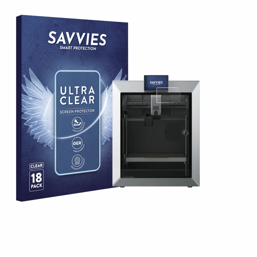 Front side of a product packaging with the brand logo Savvies. Next to it is the device Qidi Tech Q2 shown with the correspond