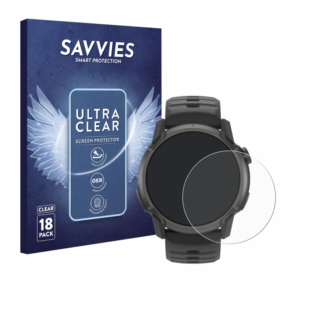 Front side of a product packaging with the brand logo Savvies. Next to it is the device Coros Apex 4 (42 mm) shown with the co