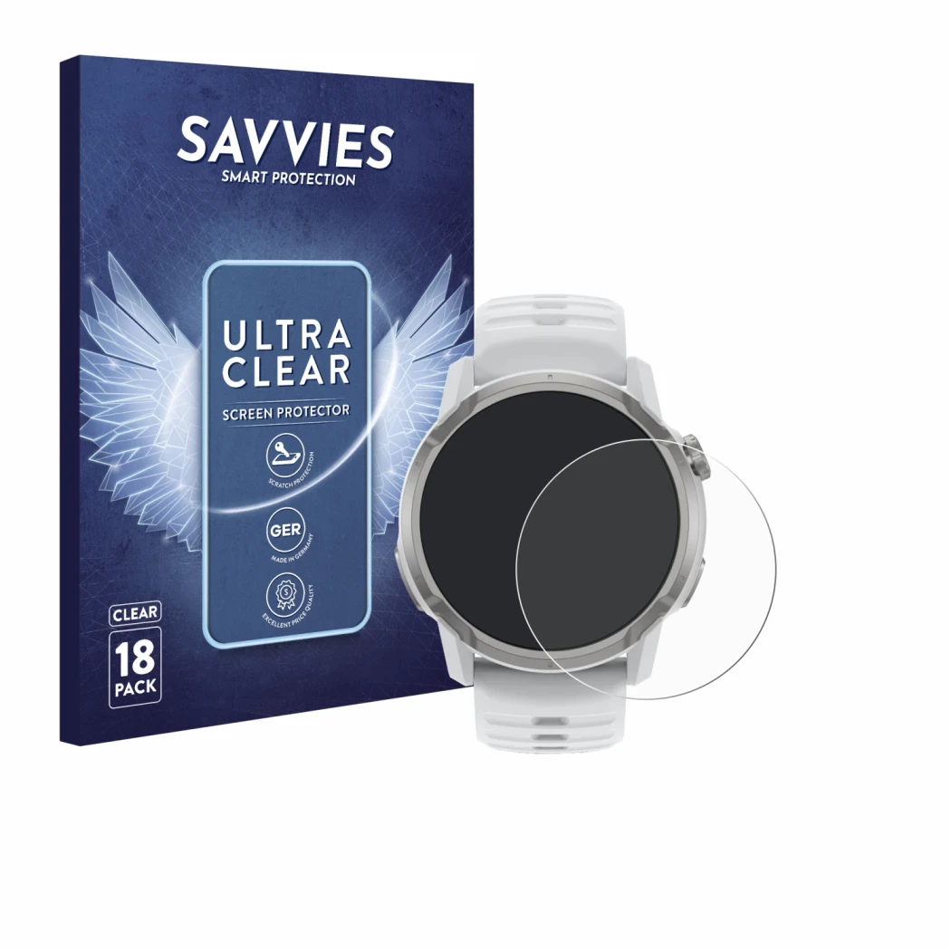 Front side of a product packaging with the brand logo Savvies. Next to it is the device Coros Apex 4 (46 mm) shown with the co