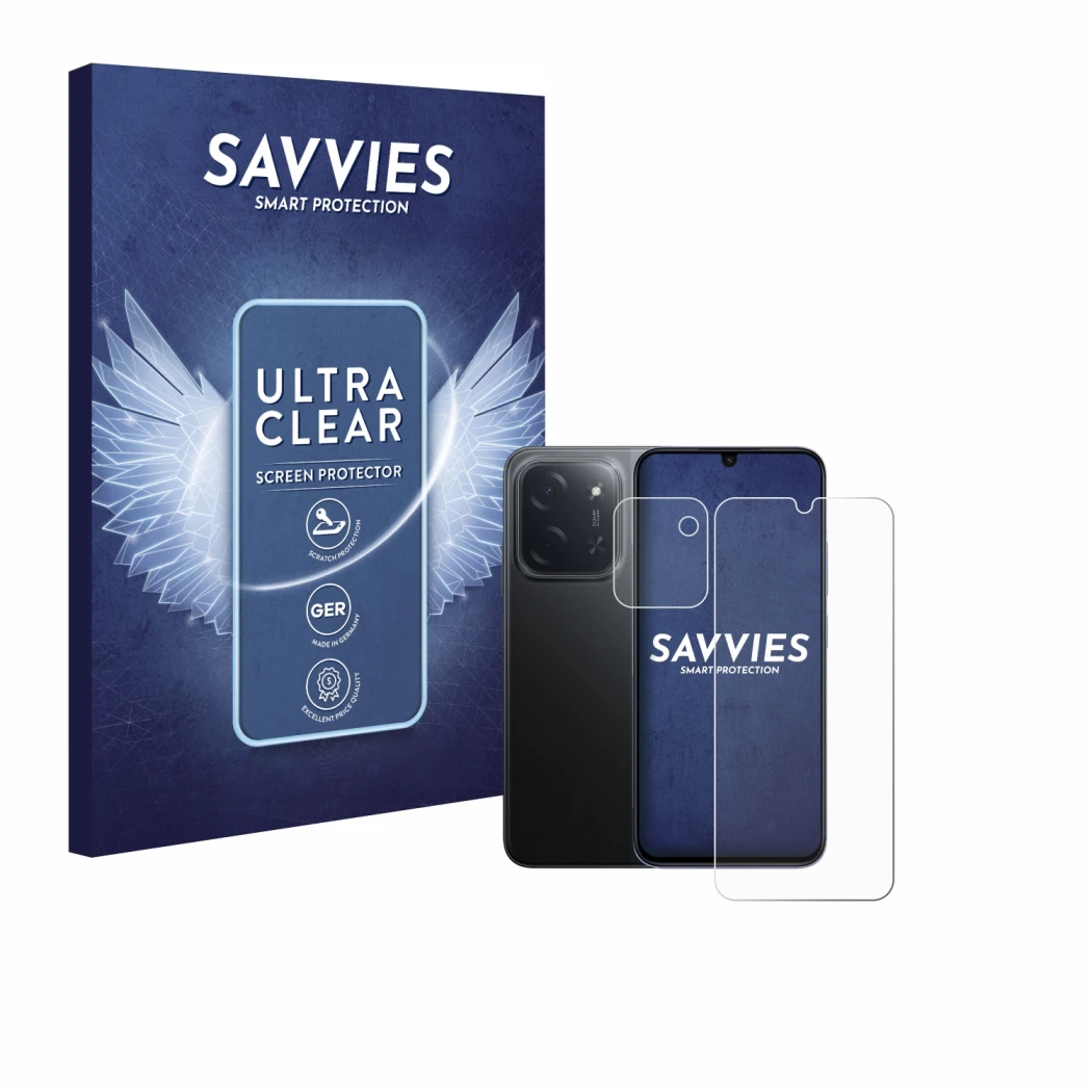 Front side of a product packaging with the brand logo Savvies. Next to it is the device Xiaomi Poco C85 (Front+Camera) shown w