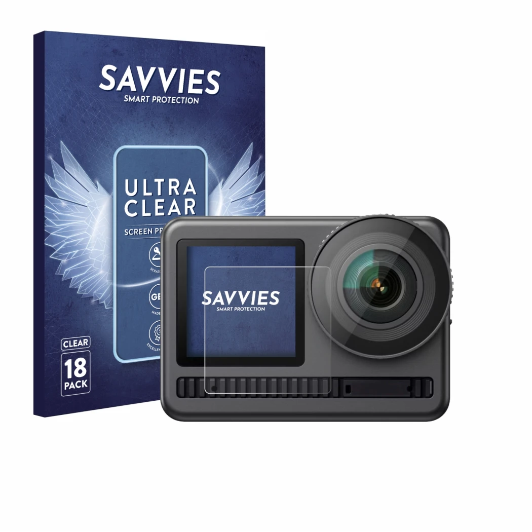 Front side of a product packaging with the brand logo Savvies. Next to it is the device Akaso Brave 8 (Front display) shown wi