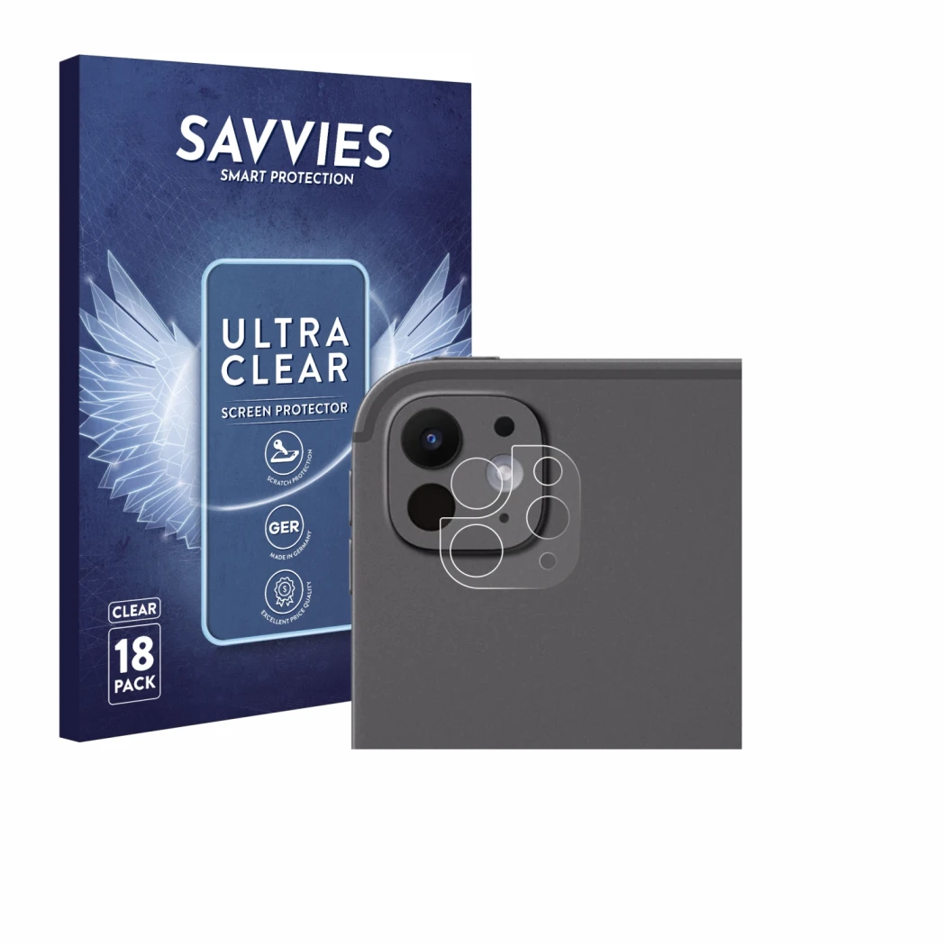 Front side of a product packaging with the brand logo Savvies. Next to it is the device Apple iPad Pro 11