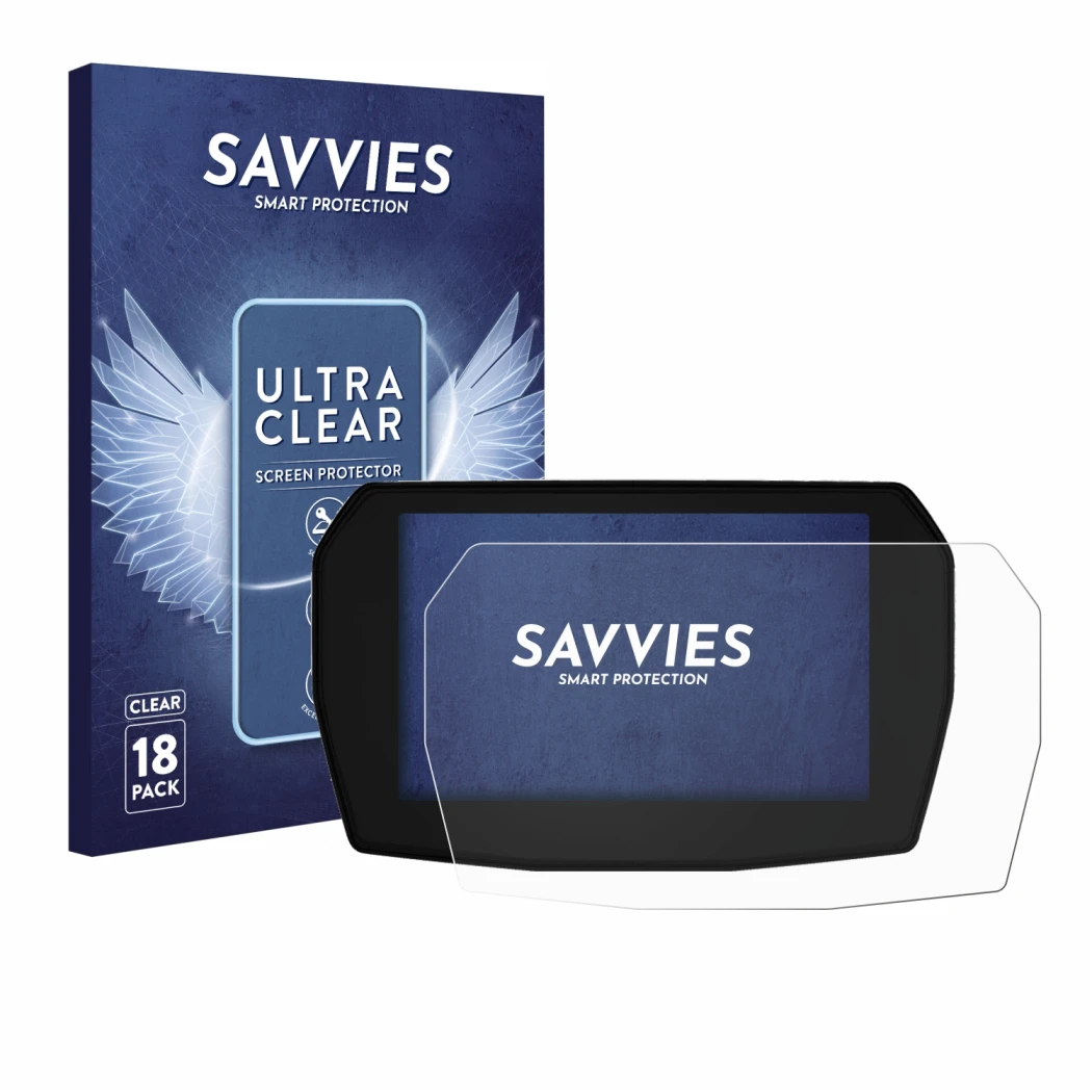 Front side of a product packaging with the brand logo Savvies. Next to it is the device Ducati Multistrada V2 2025 shown with 