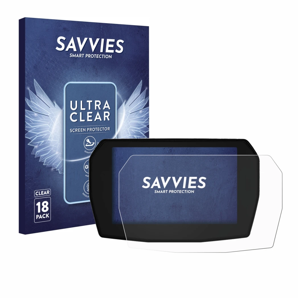 Front side of a product packaging with the brand logo Savvies. Next to it is the device Ducati Panigale V2 2025 shown with the