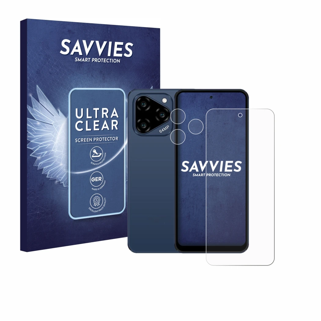 Front side of a product packaging with the brand logo Savvies. Next to it is the device Acer Acerone Liquid S262F5 (Front+Came