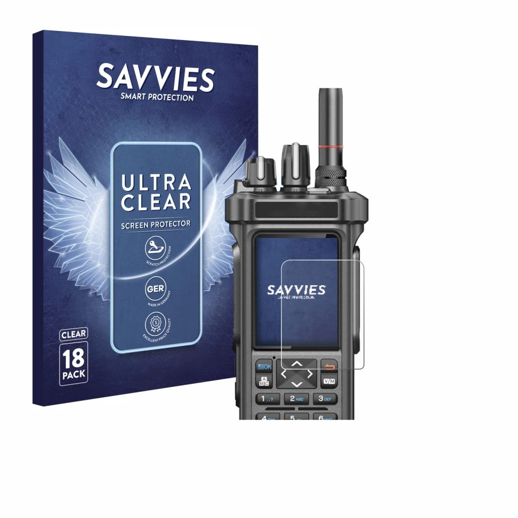 Front side of a product packaging with the brand logo Savvies. Next to it is the device Radtel RT-950 Pro shown with the corre