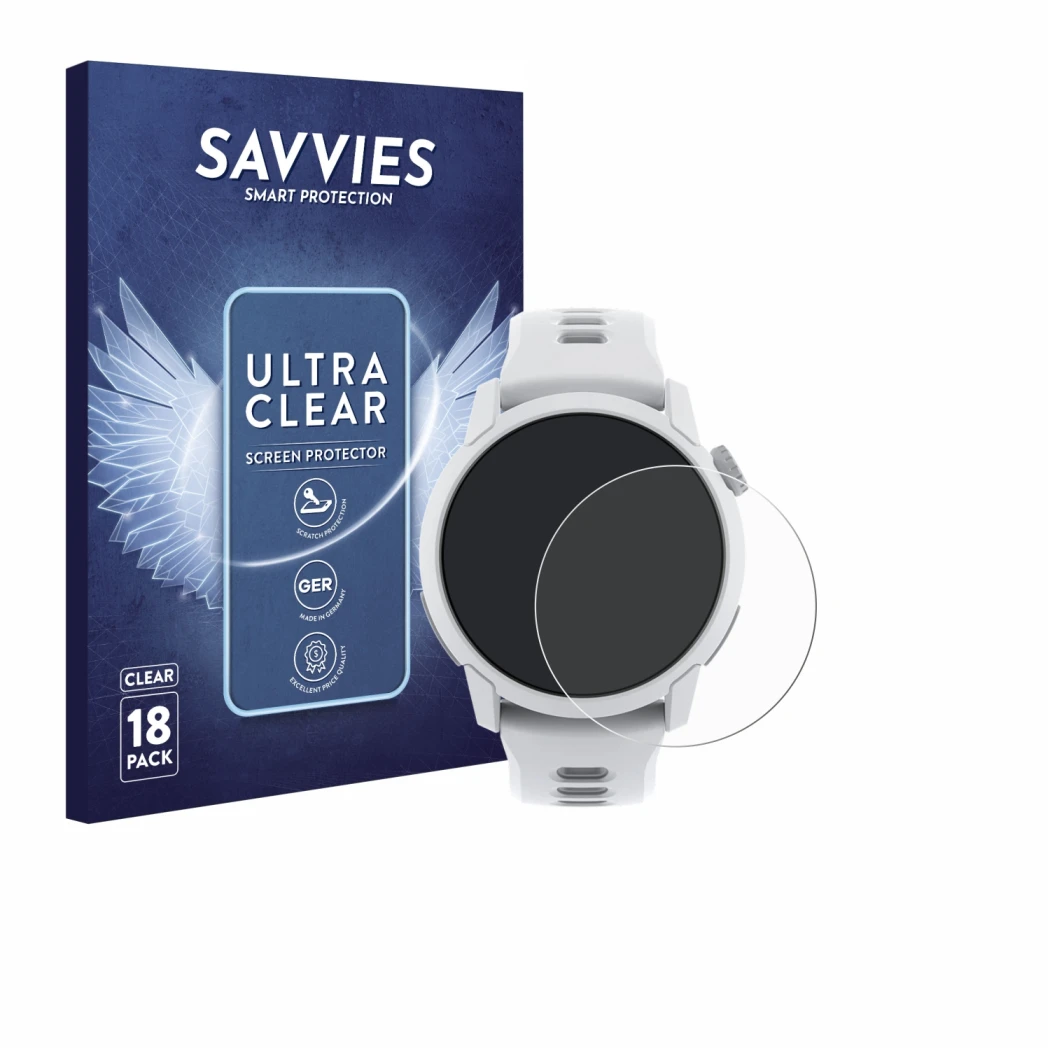 Front side of a product packaging with the brand logo Savvies. Next to it is the device Coros Pace 4 shown with the correspond