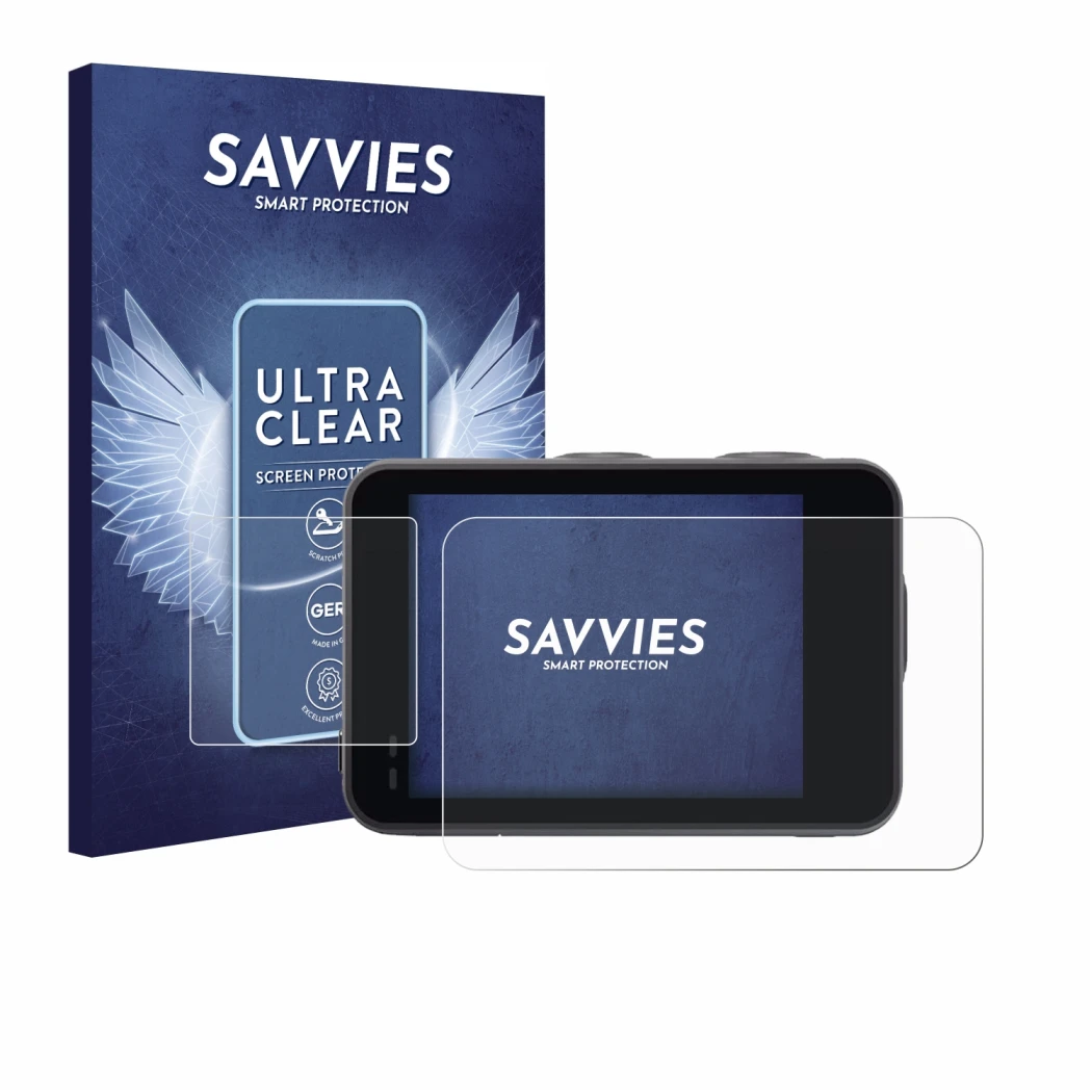 Front side of a product packaging with the brand logo Savvies. Next to it is the device Akaso Brave 7 shown with the correspon