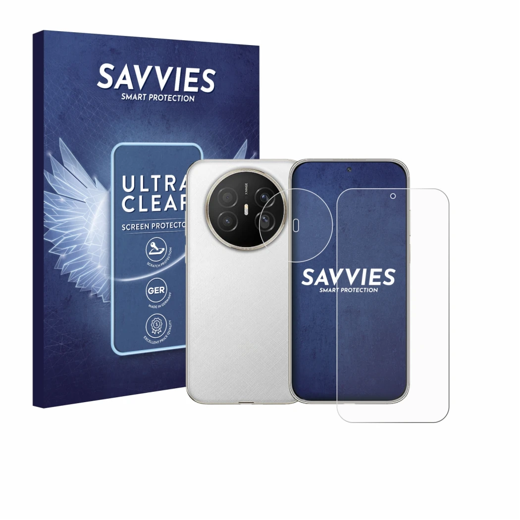 Front side of a product packaging with the brand logo Savvies. Next to it is the device Huawei Mate 70 Air (Front+Camera) show