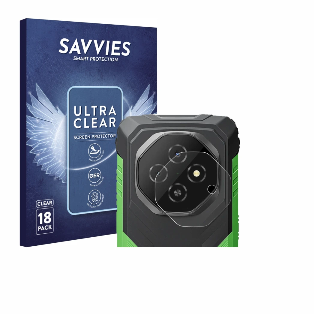 Front side of a product packaging with the brand logo Savvies. Next to it is the device Blackview Fort 1 (ONLY Camera Lens) sh