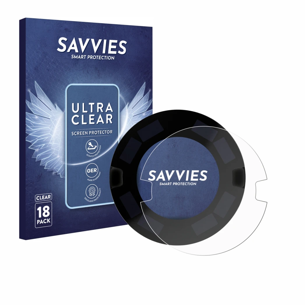 Front side of a product packaging with the brand logo Savvies. Next to it is the device OOONO P-DISC NO3 shown with the corres