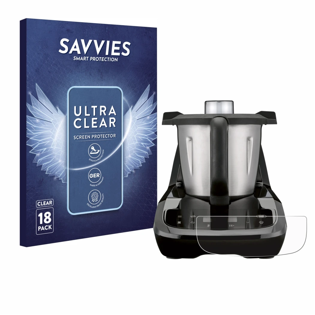 Front side of a product packaging with the brand logo Savvies. Next to it is the device SilverCrest Monsieur Cuisine compact s