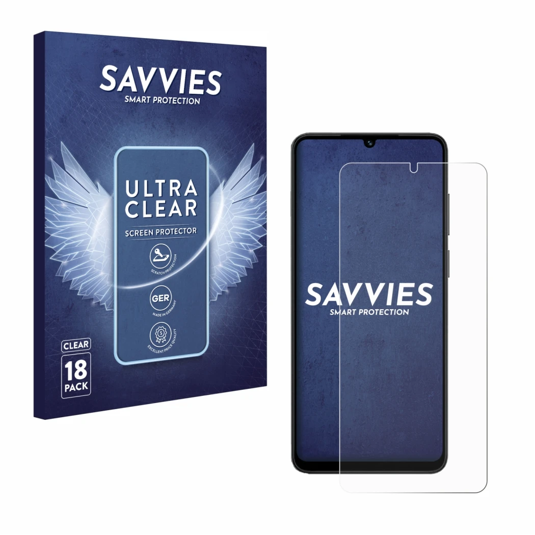 Front side of a product packaging with the brand logo Savvies. Next to it is the device Honor X5c Plus shown with the correspo