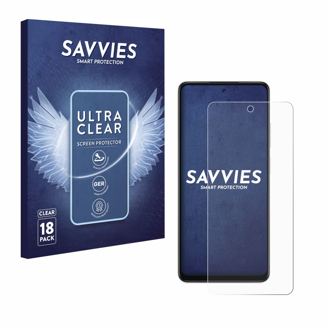 Front side of a product packaging with the brand logo Savvies. Next to it is the device Oppo A5x shown with the corresponding 