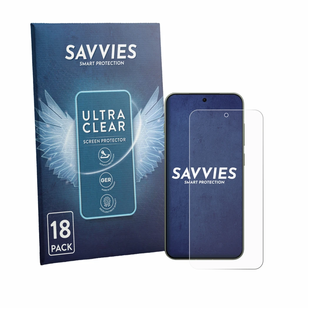 Front side of a product packaging with the brand logo Savvies. Next to it is the device OnePlus 13s shown with the correspondi