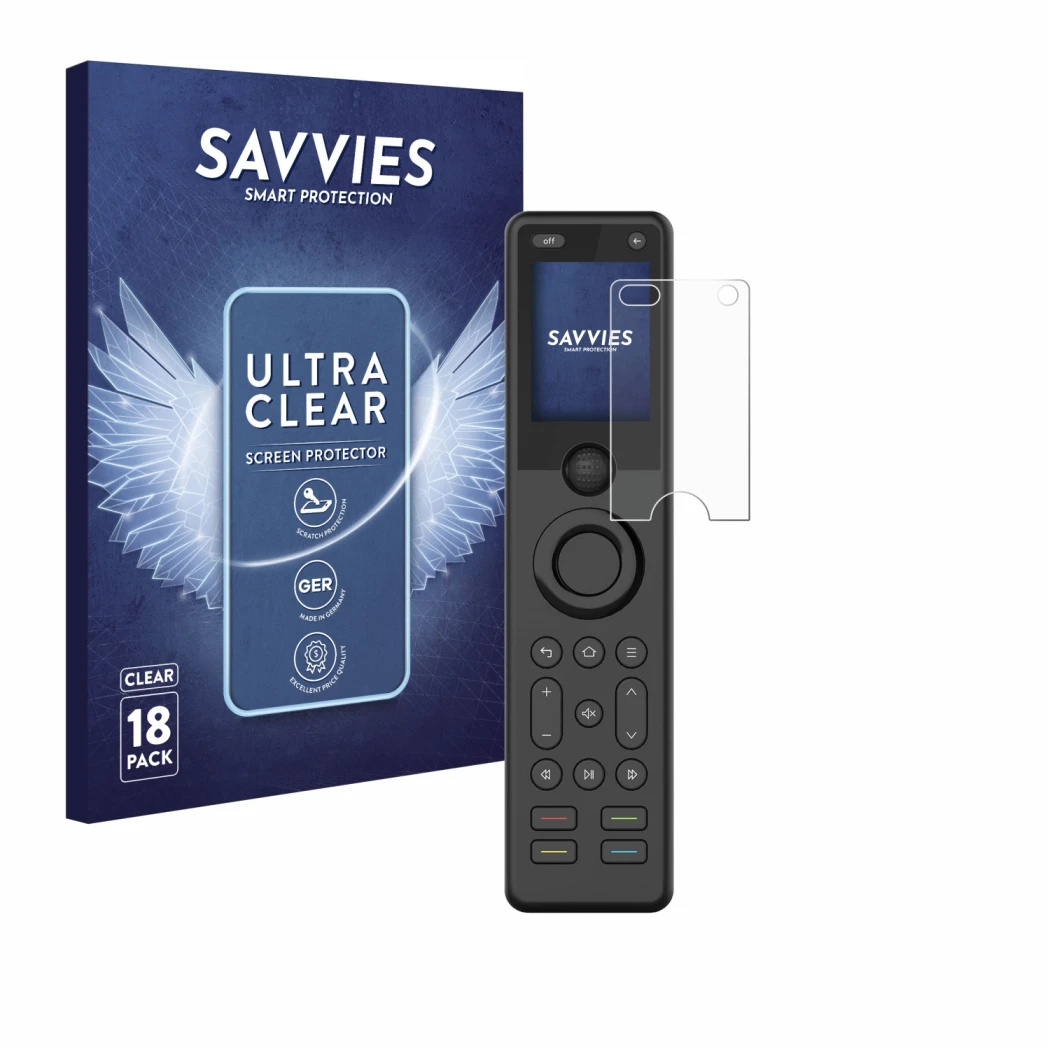 Front side of a product packaging with the brand logo Savvies. Next to it is the device Sofabaton X1S shown with the correspon