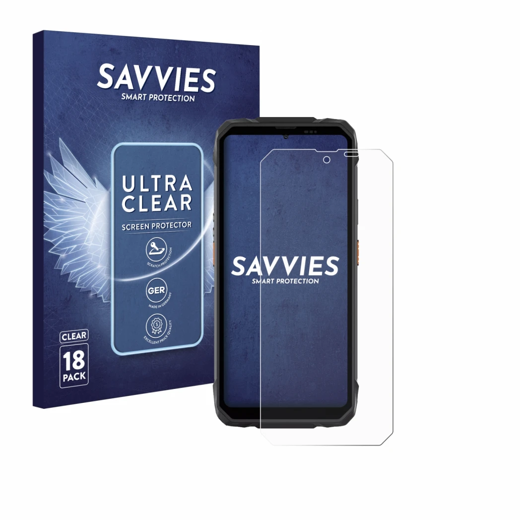 Front side of a product packaging with the brand logo Savvies. Next to it is the device Blackview Rock 1 shown with the corres