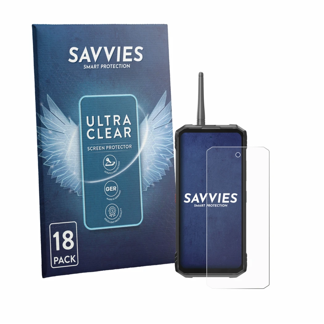 Front side of a product packaging with the brand logo Savvies. Next to it is the device Hotwav Hyper 8 Ultra shown with the co