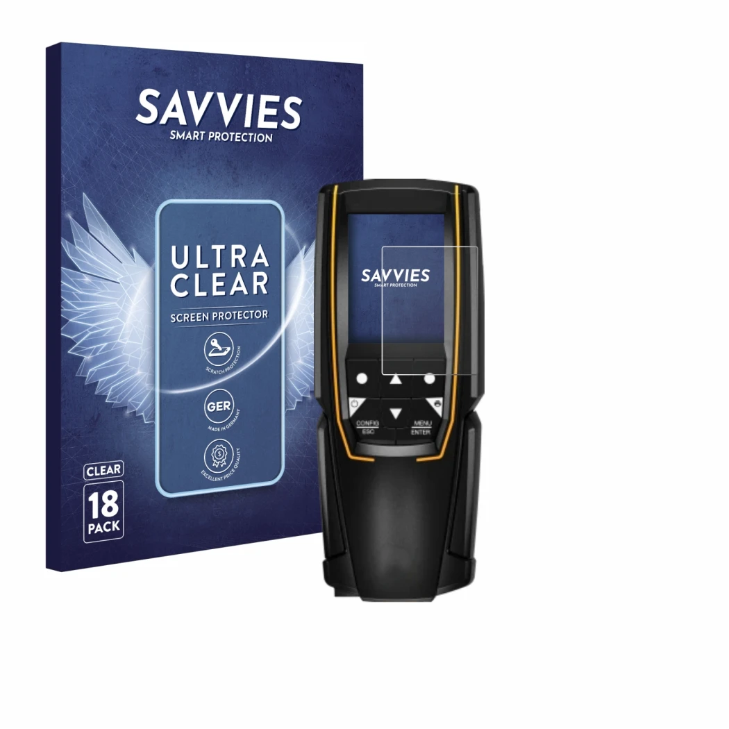 Front side of a product packaging with the brand logo Savvies. Next to it is the device Testo 310 (2nd Gen.) shown with the co