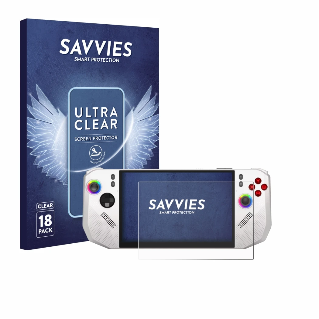 Front side of a product packaging with the brand logo Savvies. Next to it is the device MSI Claw A8 BZ2EM shown with the corre