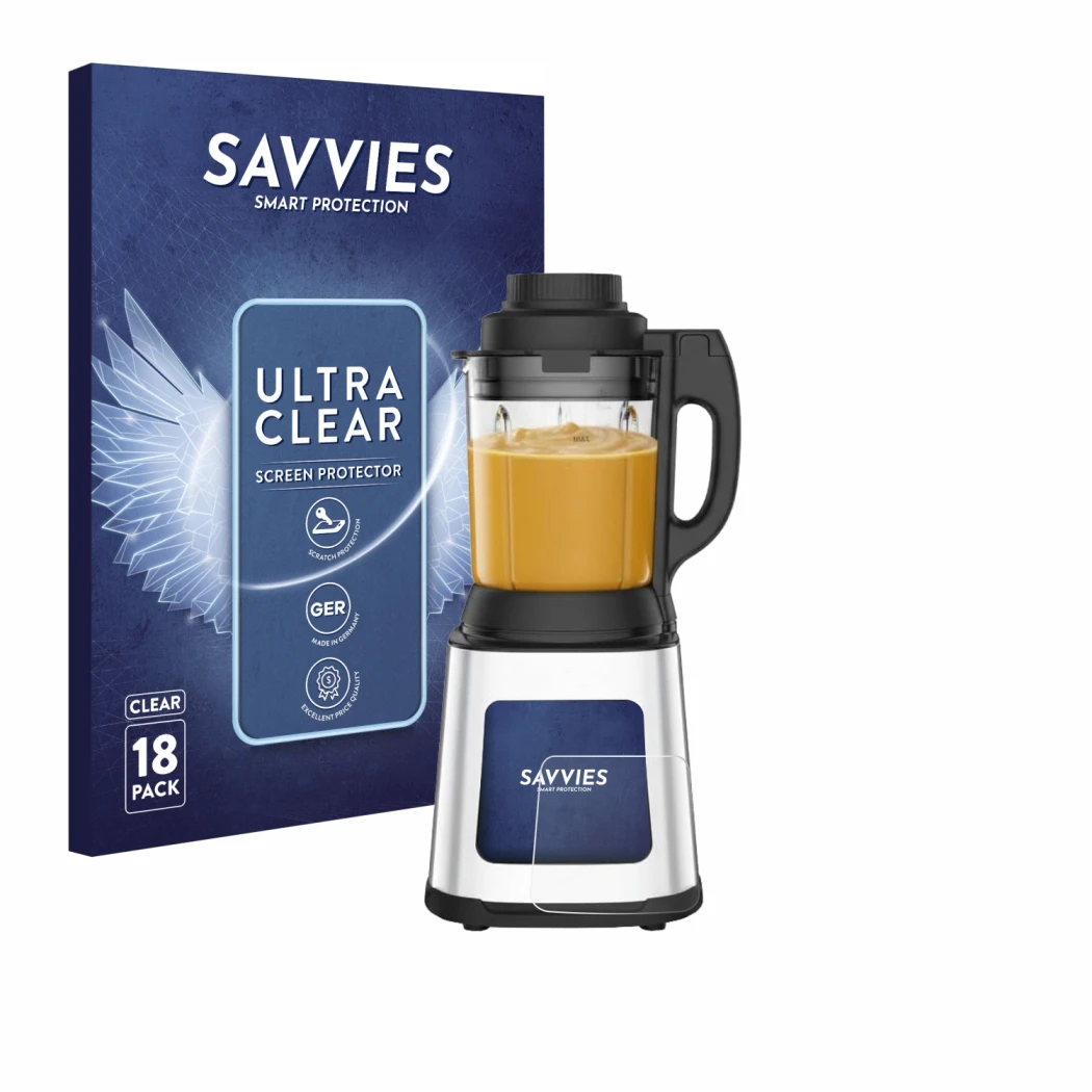 Front side of a product packaging with the brand logo Savvies. Next to it is the device Moulinex LM83SD10 shown with the corre