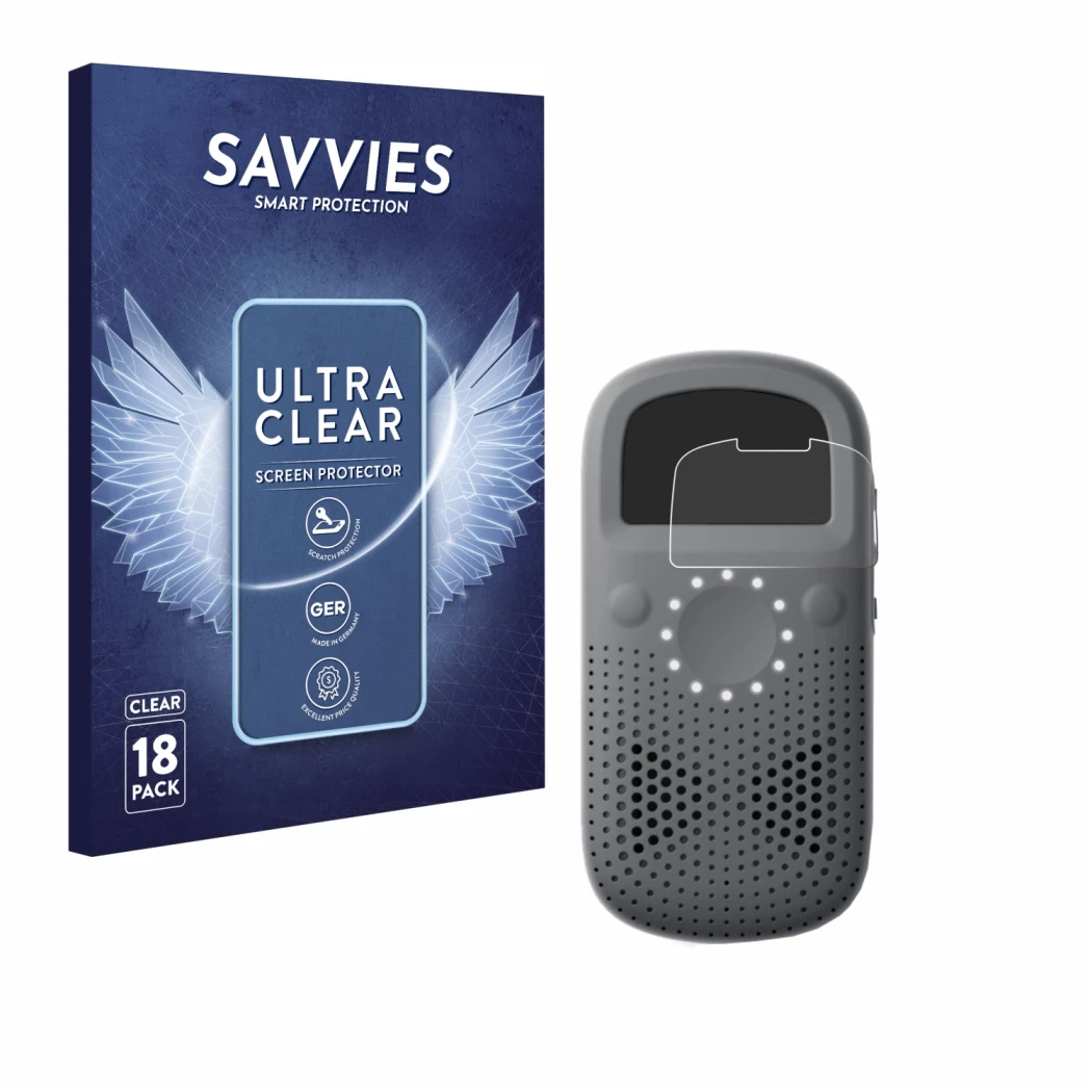 Front side of a product packaging with the brand logo Savvies. Next to it is the device Relay X shown with the corresponding s