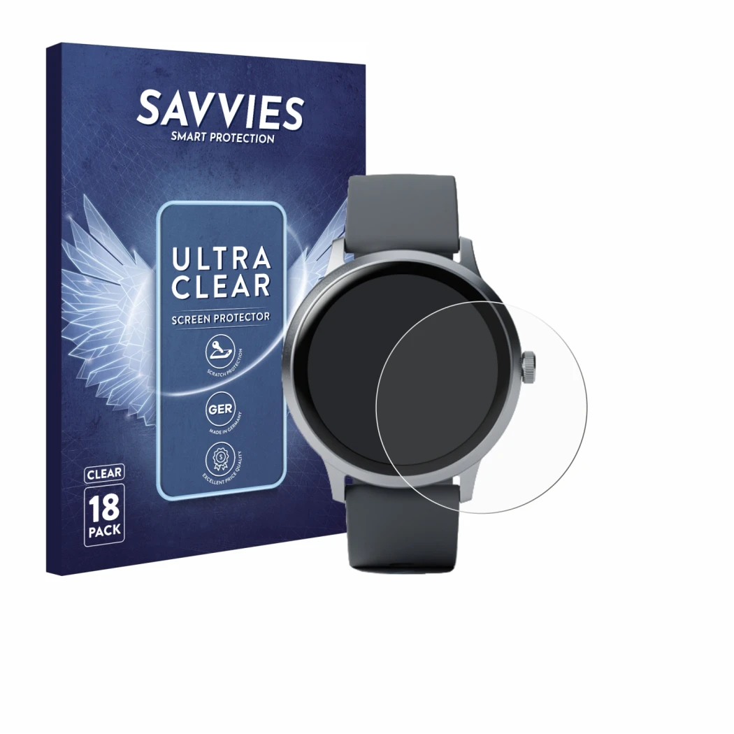 Front side of a product packaging with the brand logo Savvies. Next to it is the device Pebble Round 2 shown with the correspo