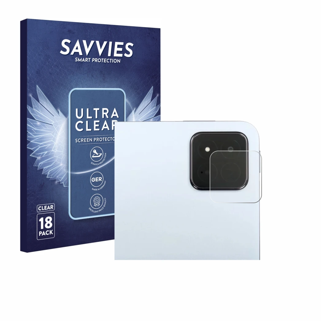 Front side of a product packaging with the brand logo Savvies. Next to it is the device Xiaomi Pad 7 Pro (ONLY Camera Lens) sh