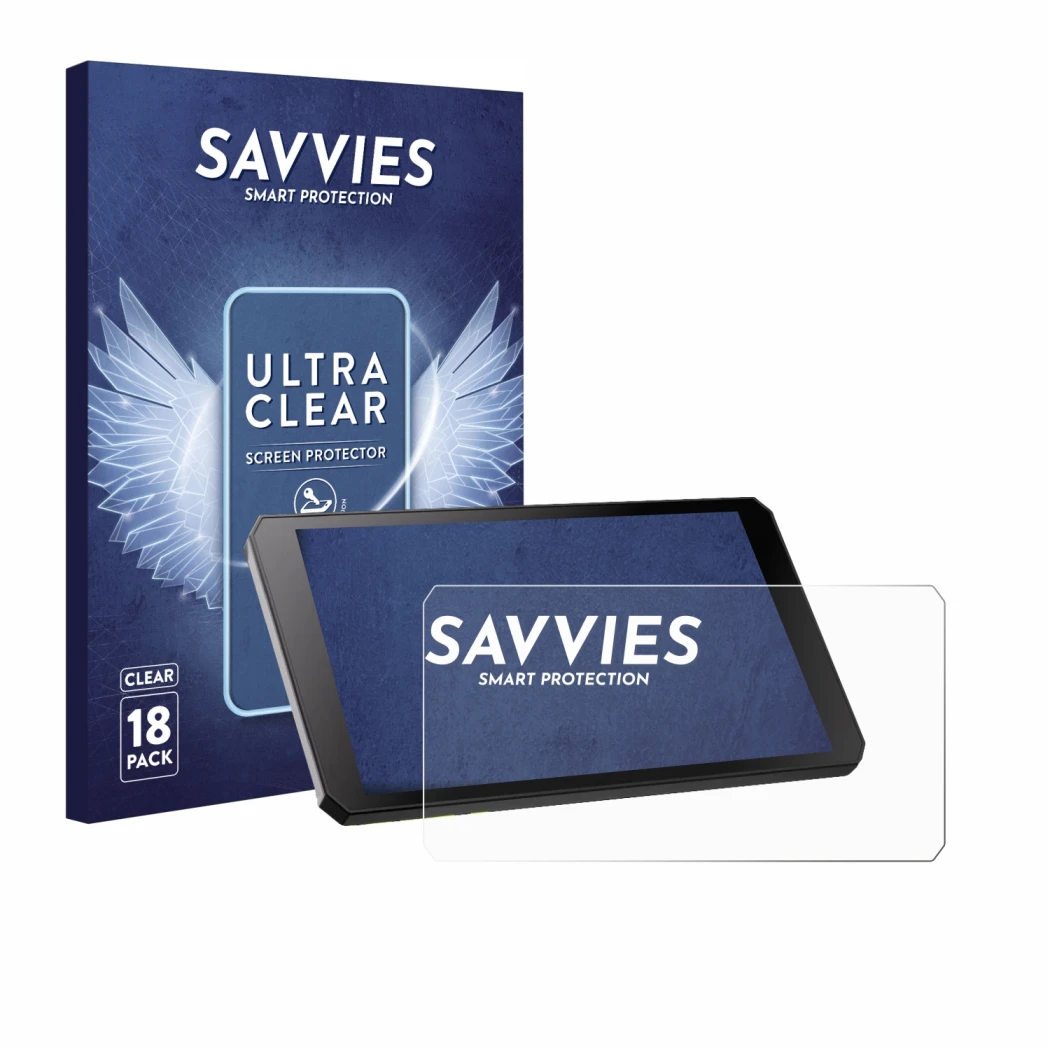 Front side of a product packaging with the brand logo Savvies. Next to it is the device RiderNav R7M shown with the correspond