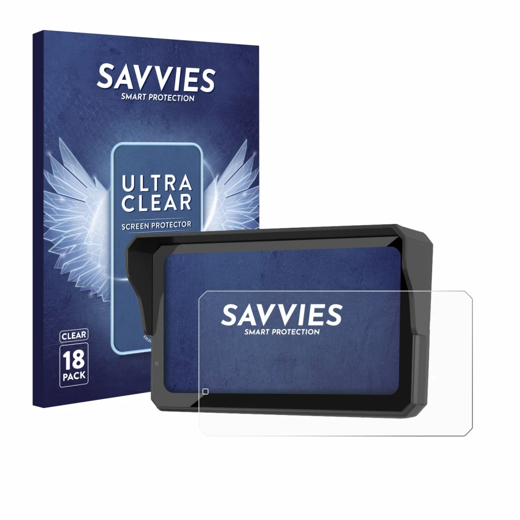 Front side of a product packaging with the brand logo Savvies. Next to it is the device Carpuride W602S Pro shown with the cor