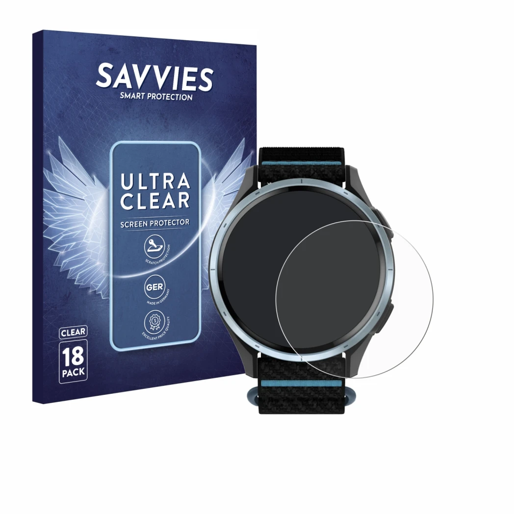 Front side of a product packaging with the brand logo Savvies. Next to it is the device Garmin Approach J1 shown with the corr