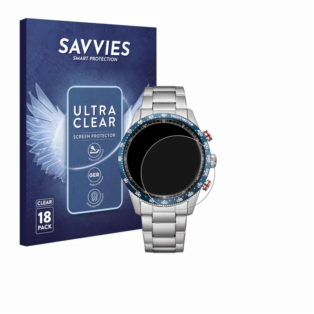 Front side of a product packaging with the brand logo Savvies. Next to it is the device Citizen CA4716-50L shown with the corr