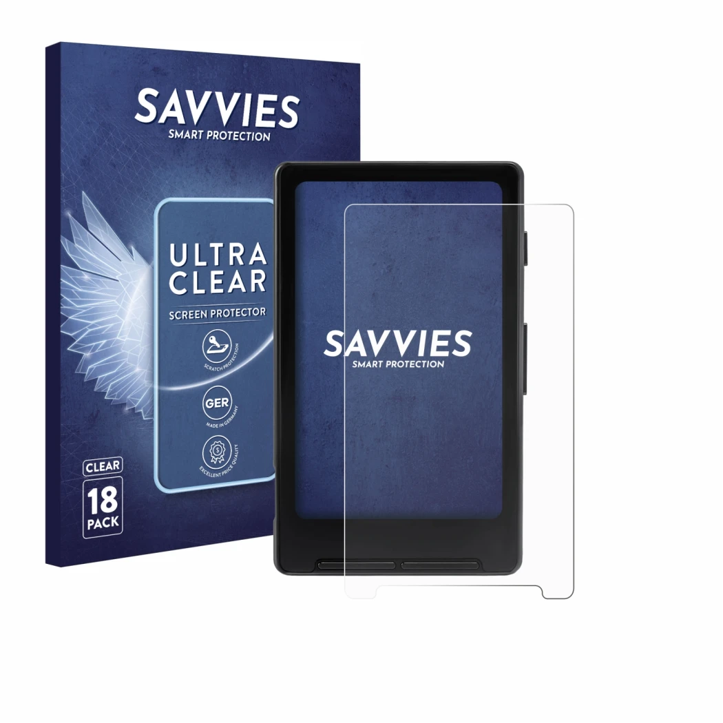 Front side of a product packaging with the brand logo Savvies. Next to it is the device Xteink X4 shown with the corresponding