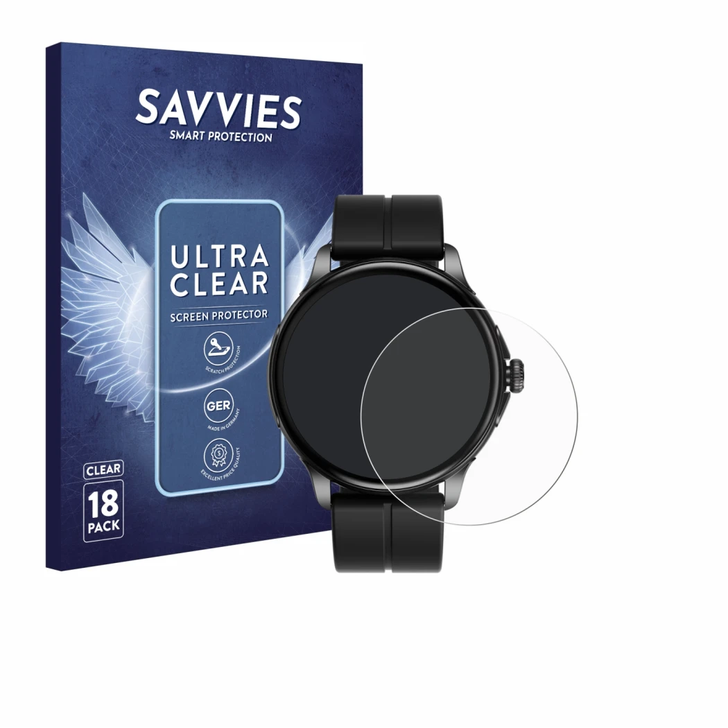 Front side of a product packaging with the brand logo Savvies. Next to it is the device HMD Watch X1 shown with the correspond