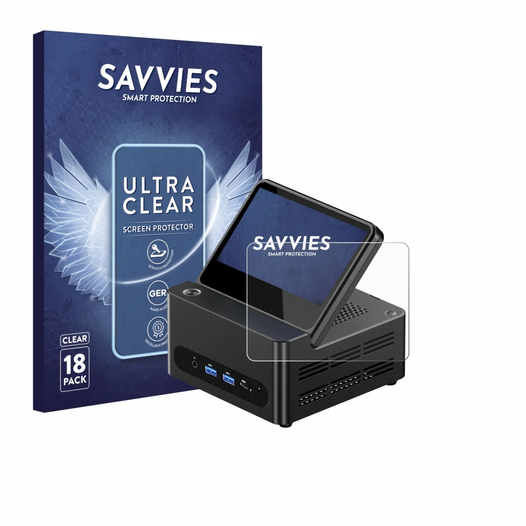 Front side of a product packaging with the brand logo Savvies. Next to it is the device AOOSTAR ‎G-FLIP H255 shown with the co