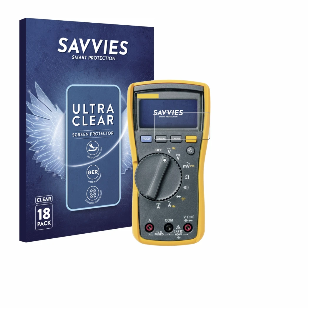 Front side of a product packaging with the brand logo Savvies. Next to it is the device Fluke MultiMeter 115 shown with the co