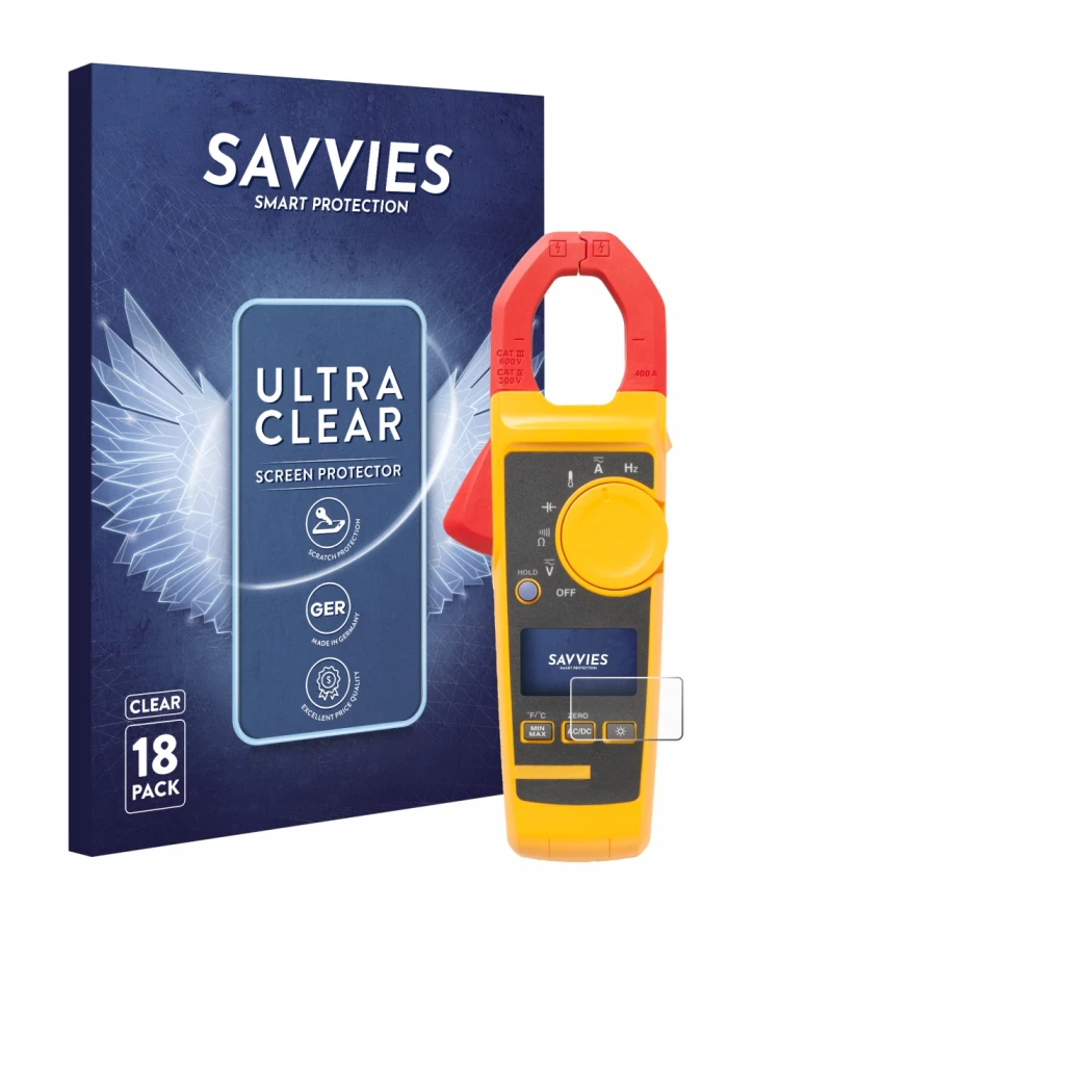 Front side of a product packaging with the brand logo Savvies. Next to it is the device Fluke 325 shown with the corresponding