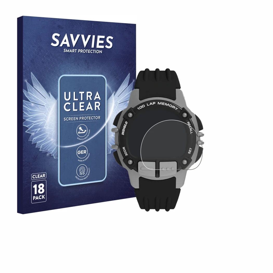 Front side of a product packaging with the brand logo Savvies. Next to it is the device Timex Ironman TW5M63200 shown with the