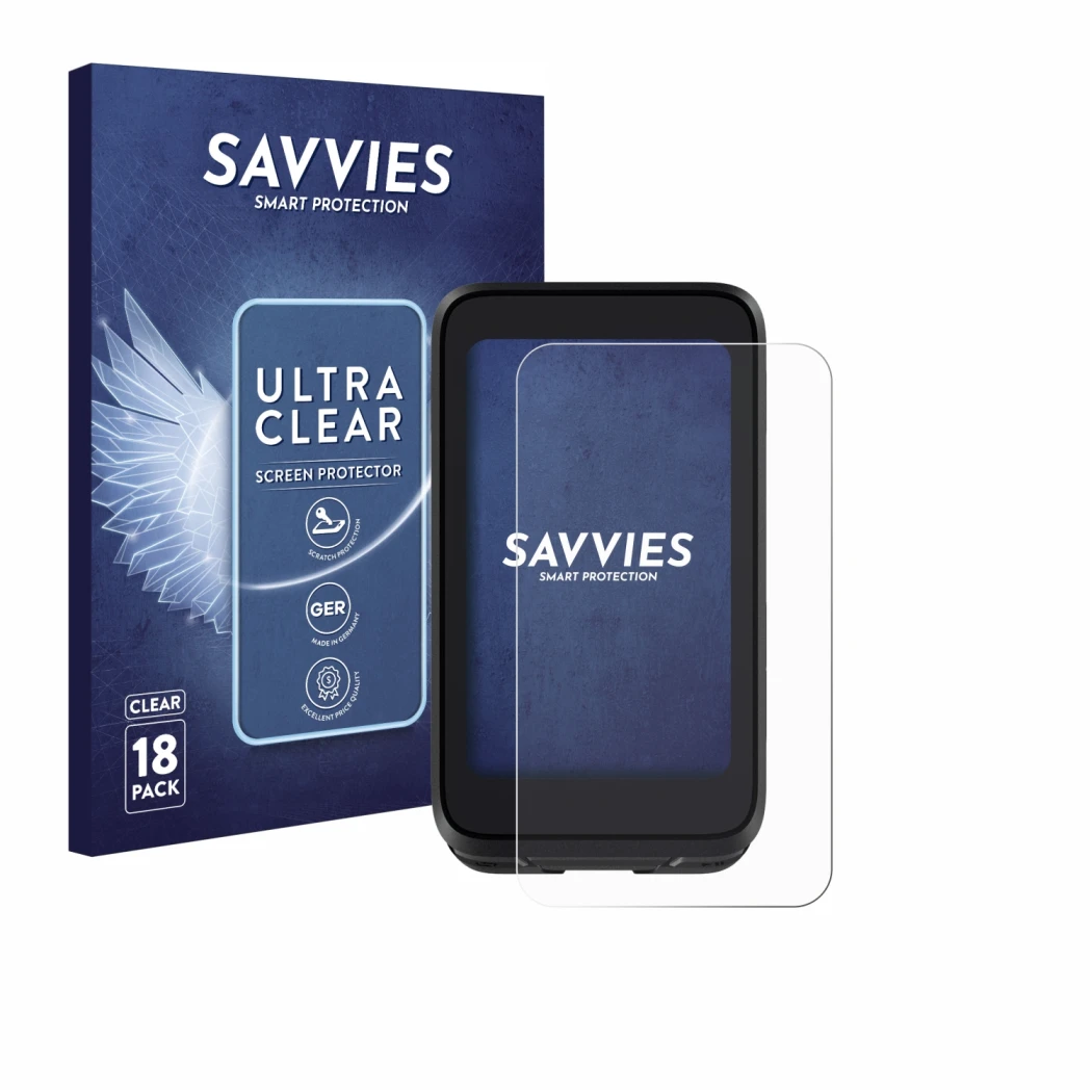 Front side of a product packaging with the brand logo Savvies. Next to it is the device igpsport BiNavi Air shown with the cor