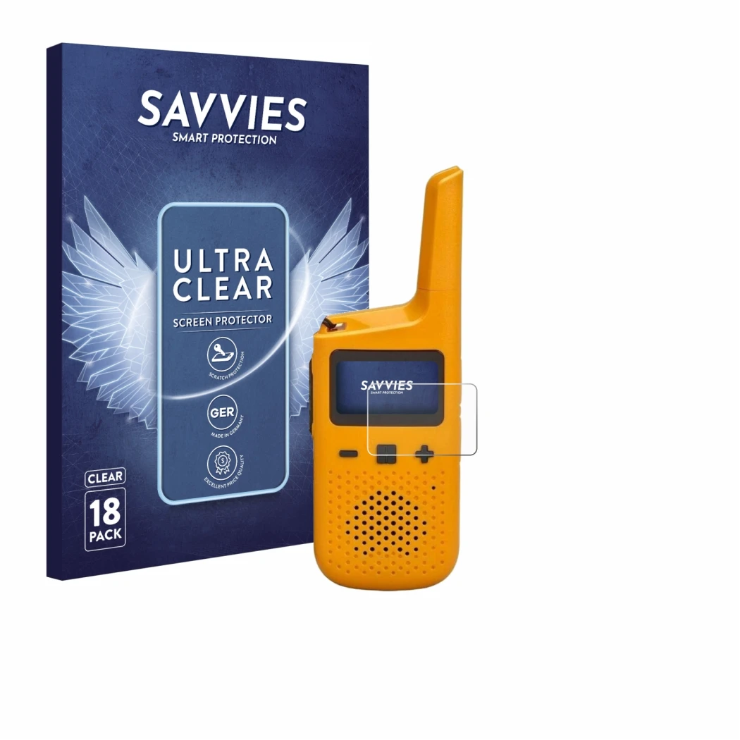 Front side of a product packaging with the brand logo Savvies. Next to it is the device Motorola Talkabout T72 shown with the 