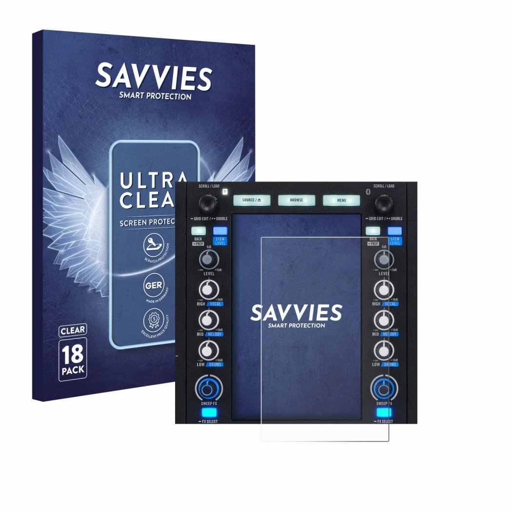 Front side of a product packaging with the brand logo Savvies. Next to it is the device Rane System One shown with the corresp