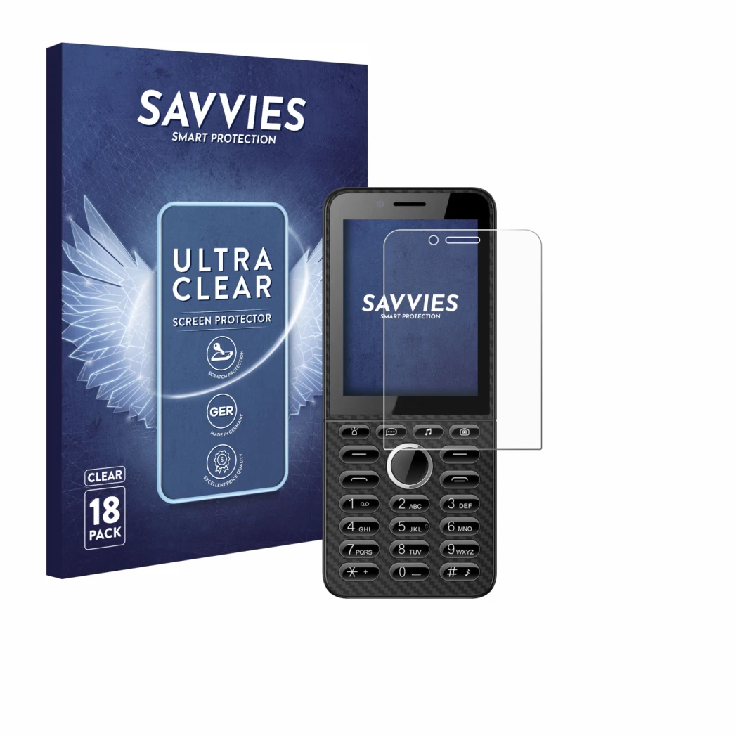 Front side of a product packaging with the brand logo Savvies. Next to it is the device Energizer E288S shown with the corresp
