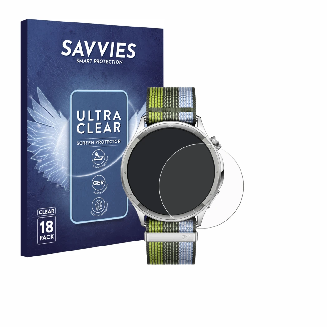 Front side of a product packaging with the brand logo Savvies. Next to it is the device Oppo Watch S shown with the correspond