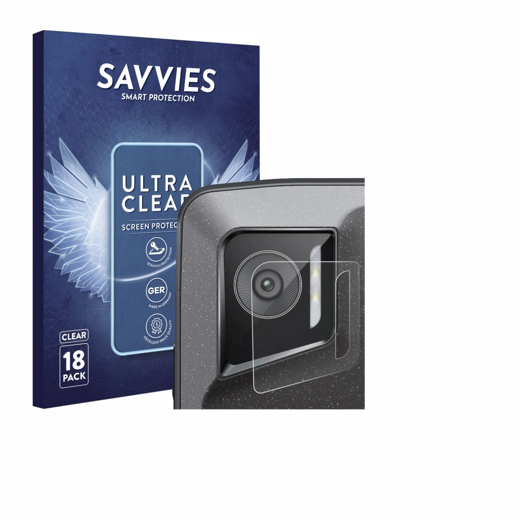 Front side of a product packaging with the brand logo Savvies. Next to it is the device Crosscall Stellar M6E (ONLY Camera Len