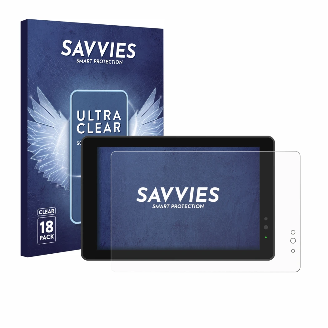 Front side of a product packaging with the brand logo Savvies. Next to it is the device Lilliput 719/T 7
