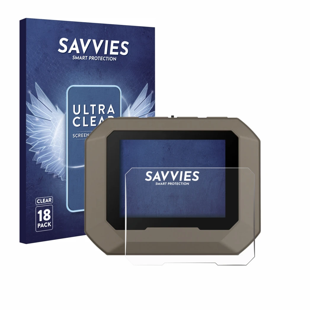 Front side of a product packaging with the brand logo Savvies. Next to it is the device Garmin Xero C2 shown with the correspo