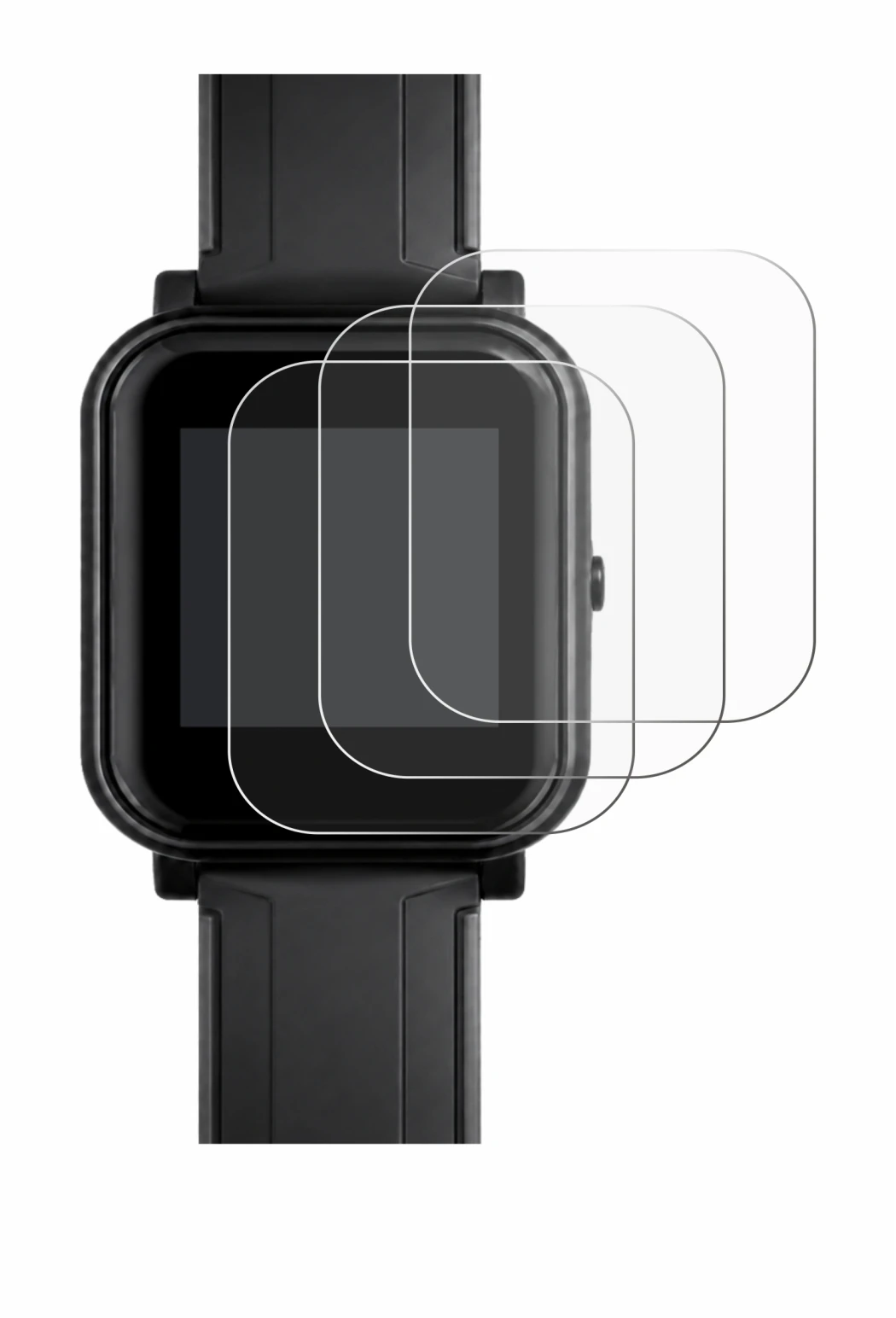 Image of the device Bangle.js 2 with a wide variety of screen protectors.