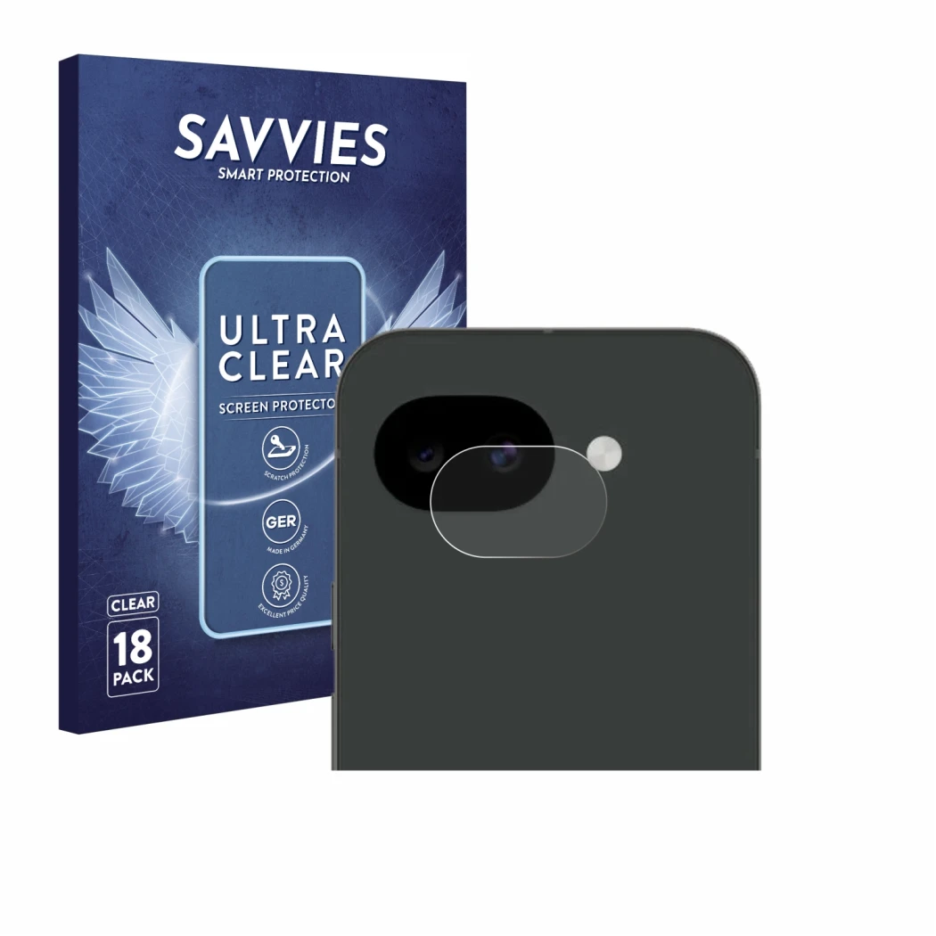 Front side of a product packaging with the brand logo Savvies. Next to it is the device Google Pixel 10a (ONLY Camera Lens) sh