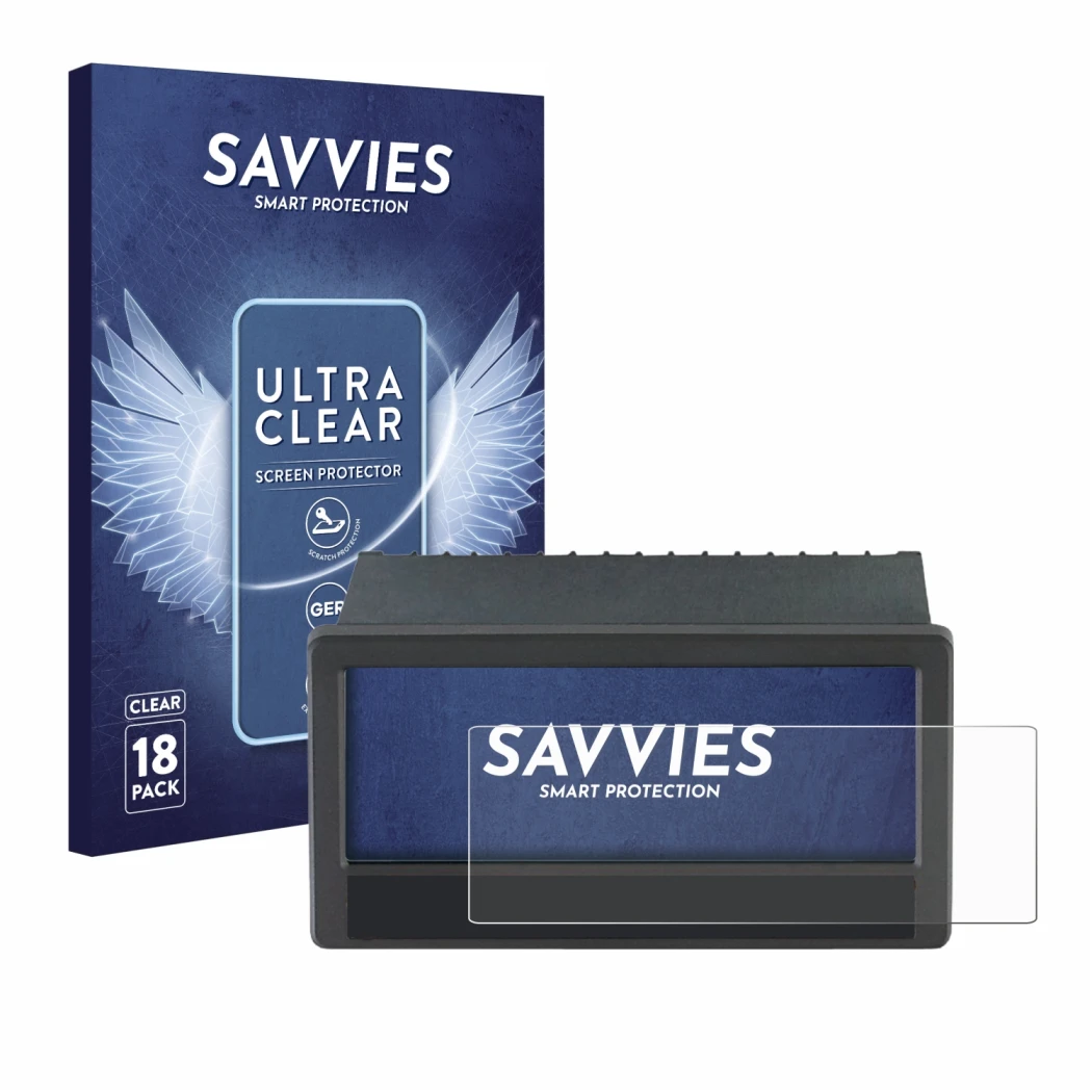 Front side of a product packaging with the brand logo Savvies. Next to it is the device ifm DX2055 shown with the correspondin