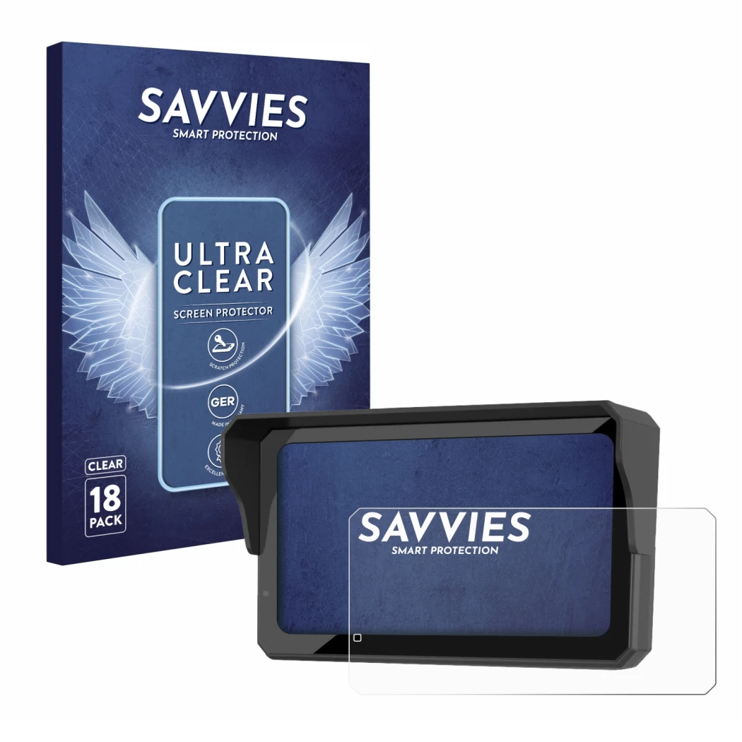 Front side of a product packaging with the brand logo Savvies. Next to it is the device Carpuride W602BS Pro shown with the co
